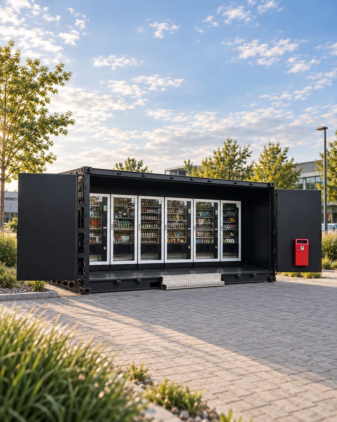 Geöffneter vendvibe Verkaufscontainer mit sechs Automaten an einem Standort