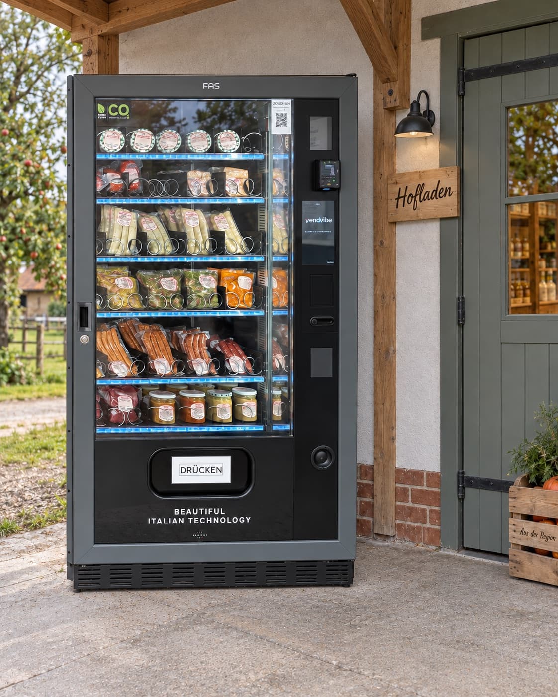 FAS-Liftautomat mit Eiern, Wurst und Hofprodukten vor einem Hofladen (KI-generierte Visualisierung)