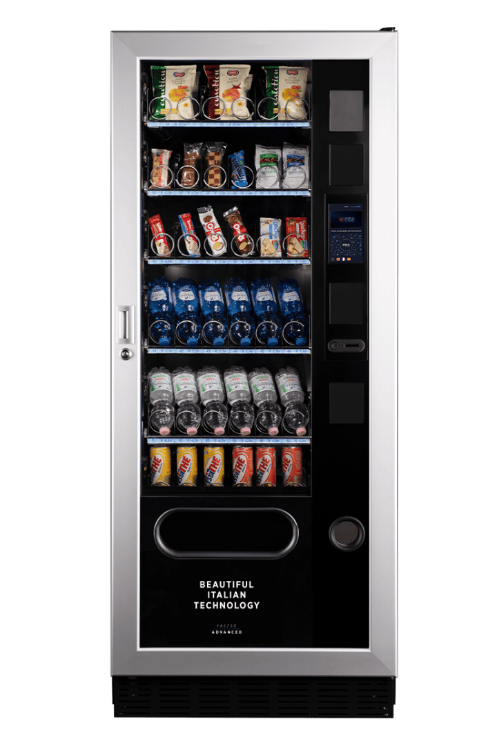 Moderner Verkaufsautomat mit Snacks und Getränken, ideal für Unternehmen und öffentliche Orte.