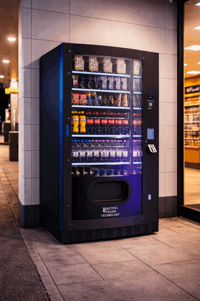 Vendingautomat an Tankstelle mit Snacks und Getränken, ideal für schnelle Einkäufe.