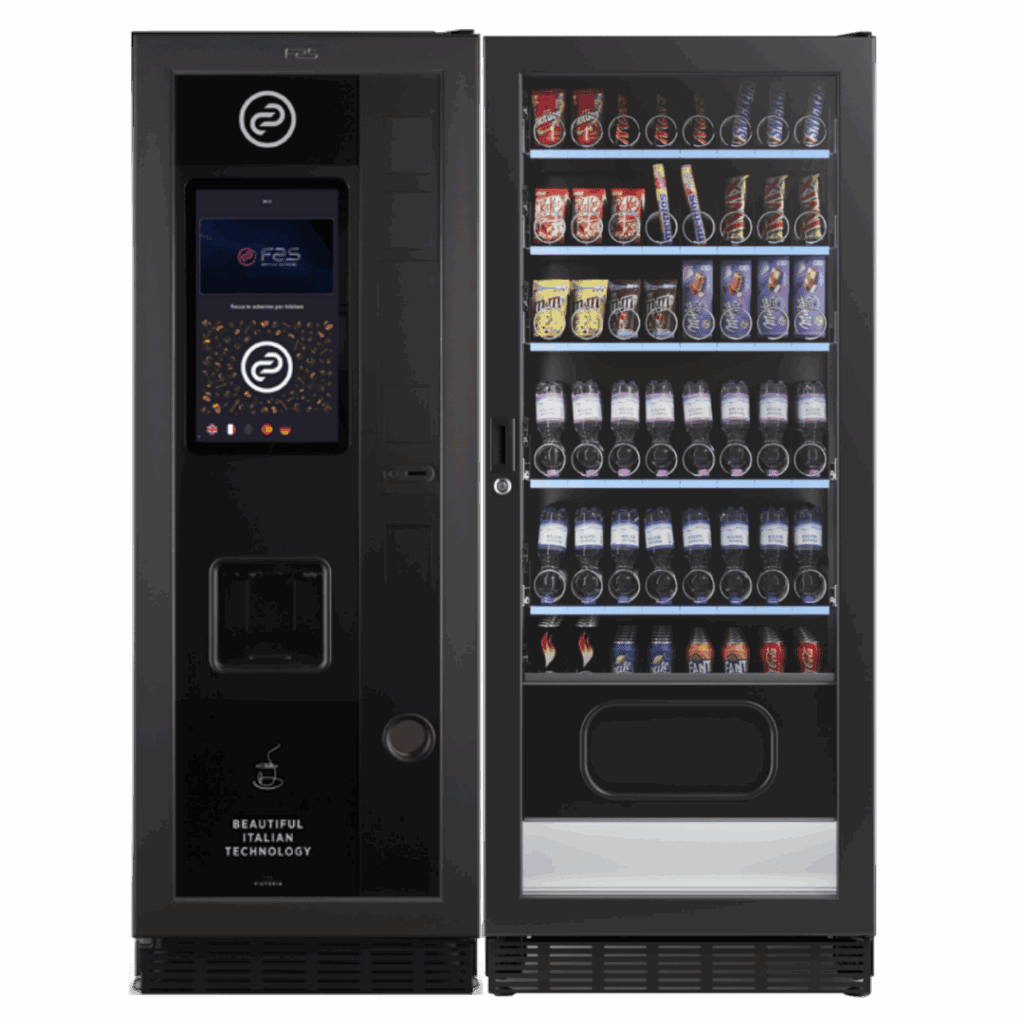 Moderner Kaffeeautomat Victoria mit Touchscreen und Getränkeauswahl.