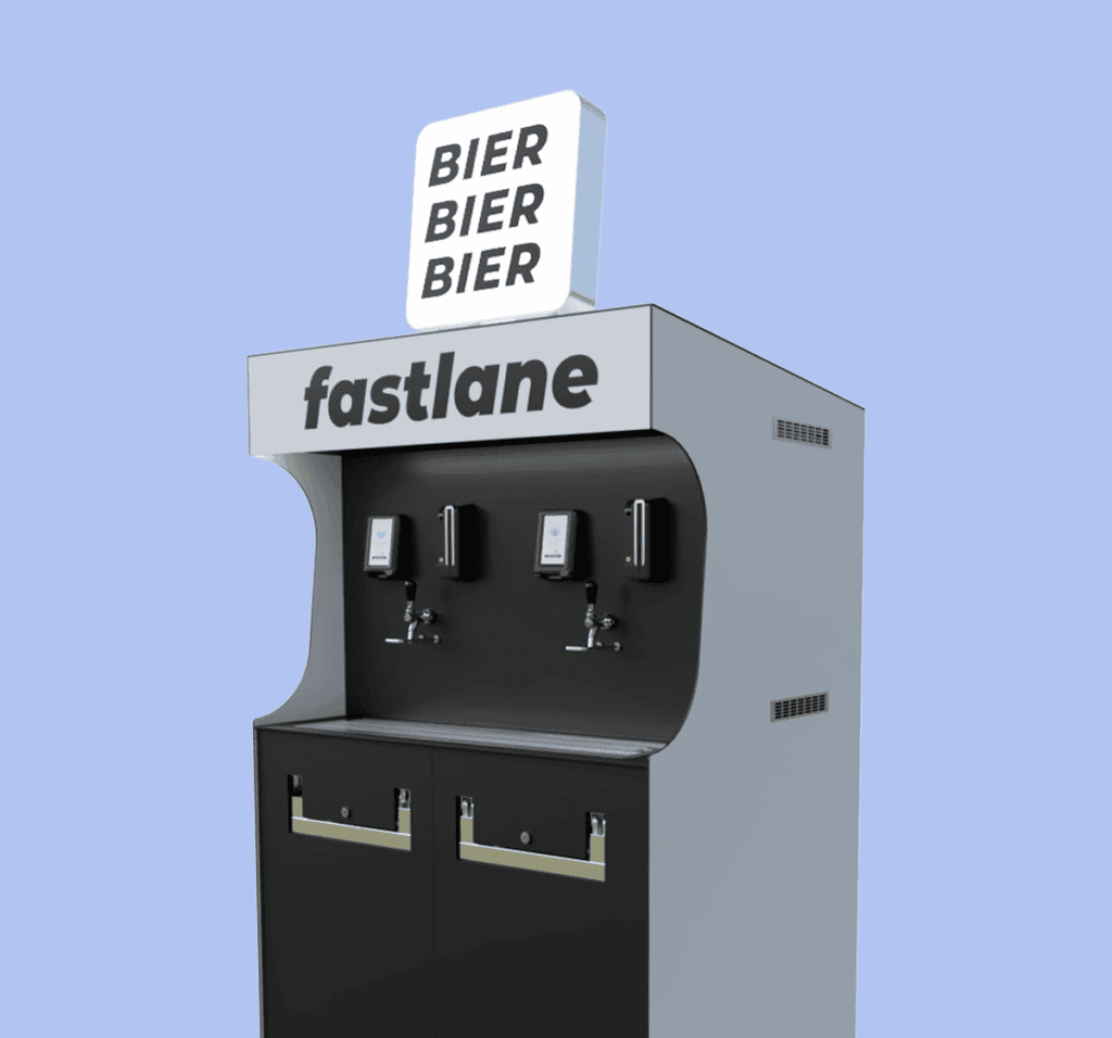Bierzapfautomat für Bier mit zwei Zapfhähnen und digitaler Anzeige.
